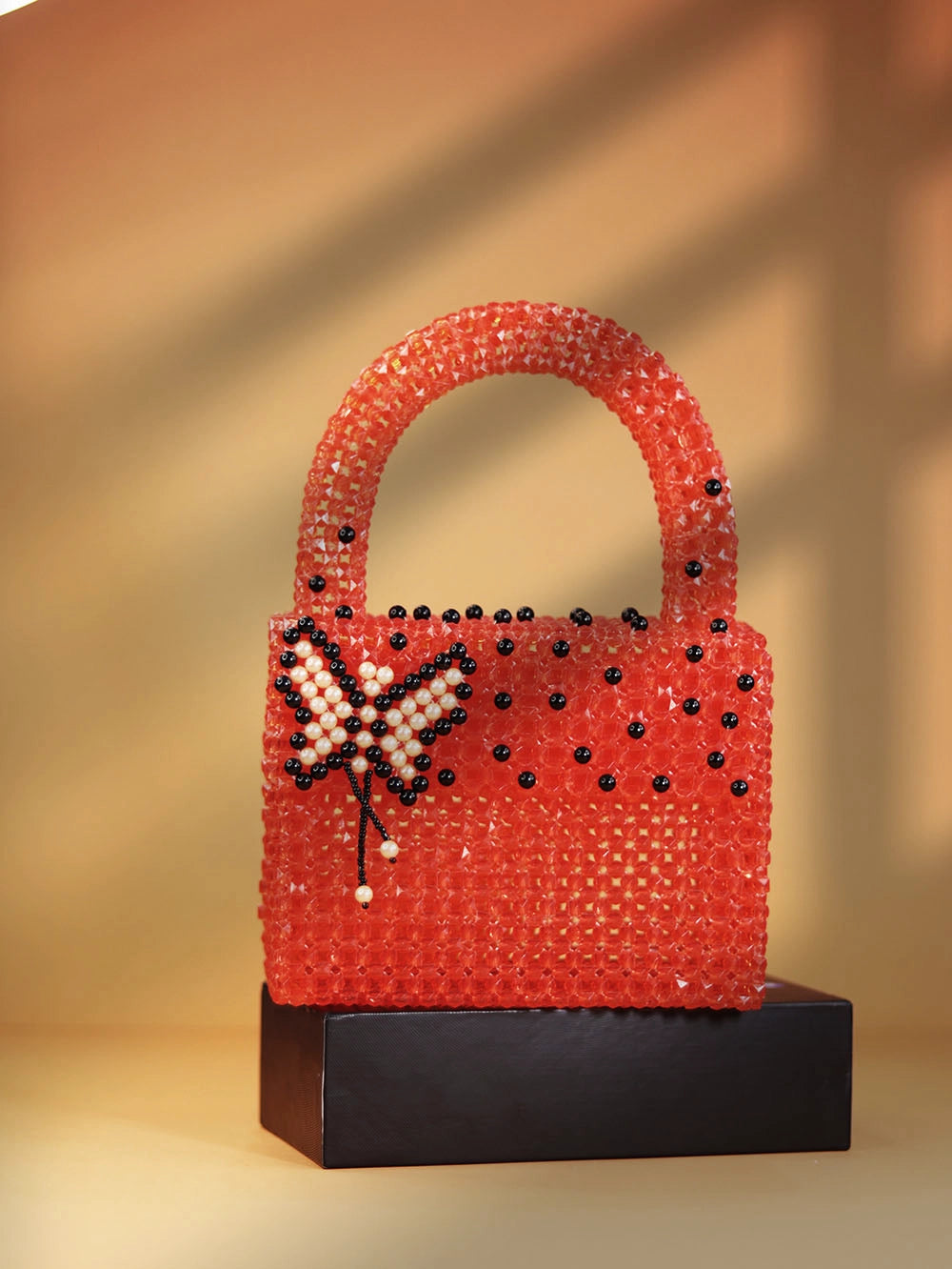 Black Butterfly Beaded Handbag – Red & Black