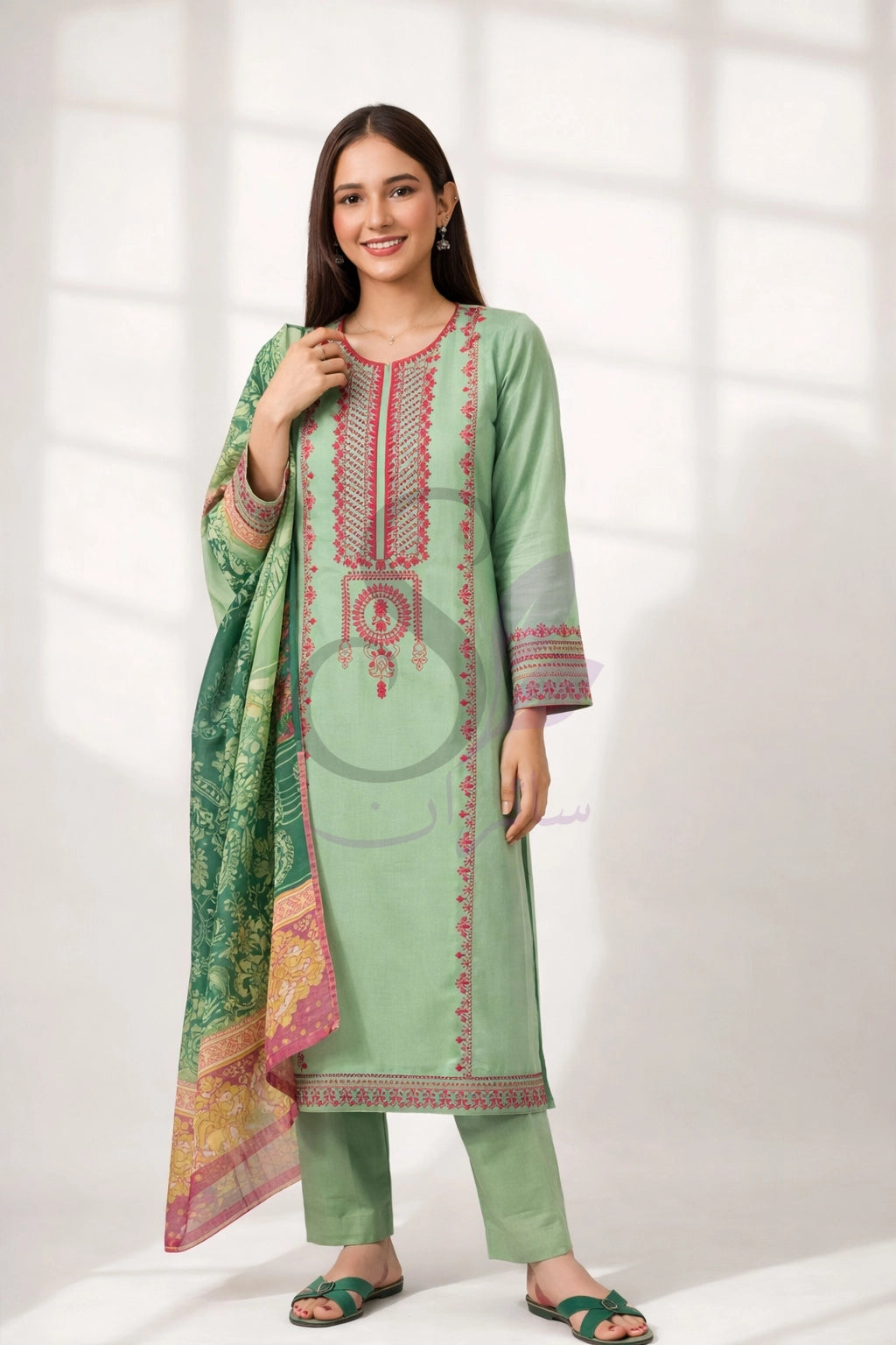 Mint Blossom Embroidered Lawn 3PC Suit (Unstitched)