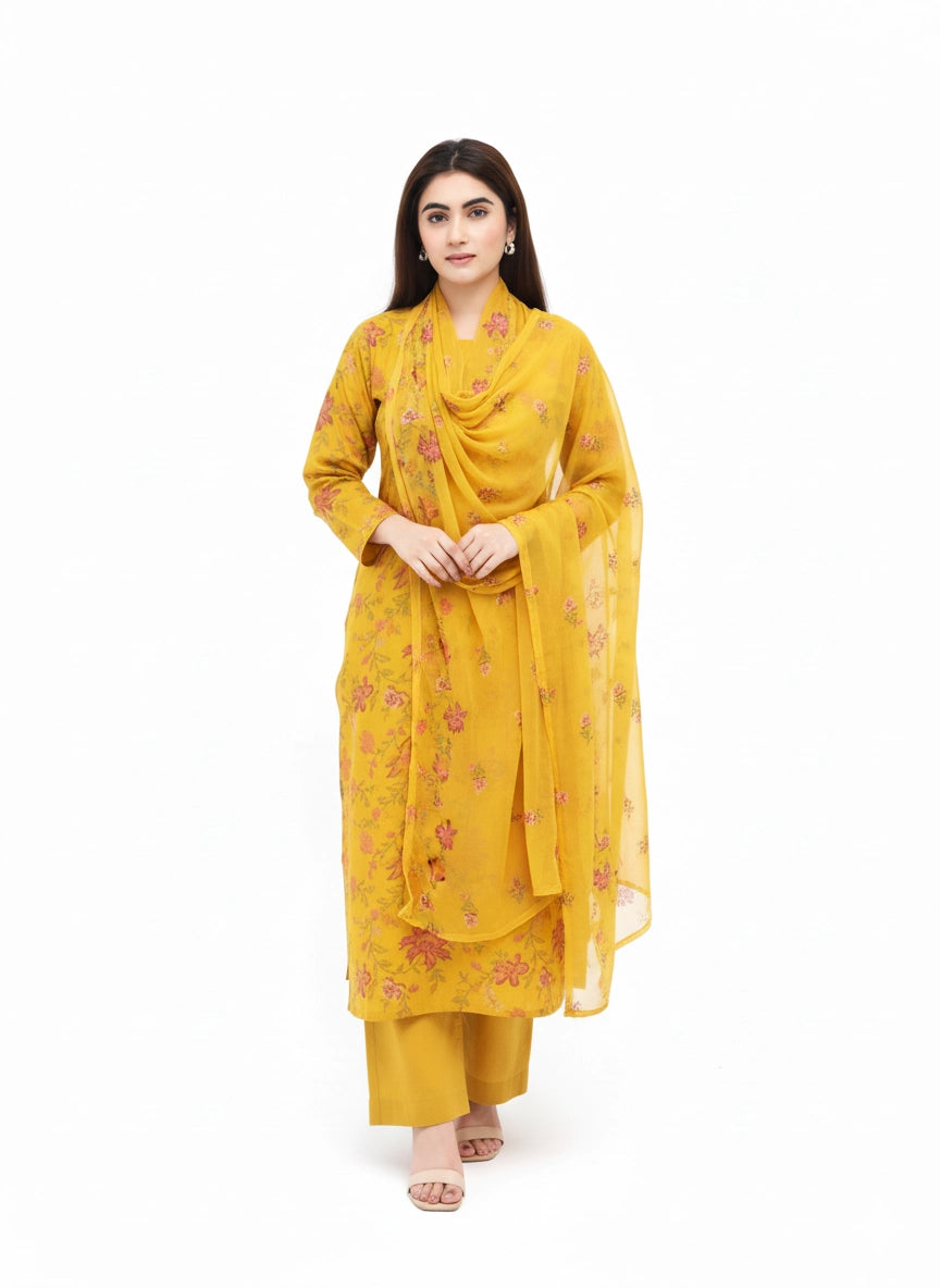 Royal Roses – Unstitched Karandi Embroidered 3 Piece with Chiffon Dupatta