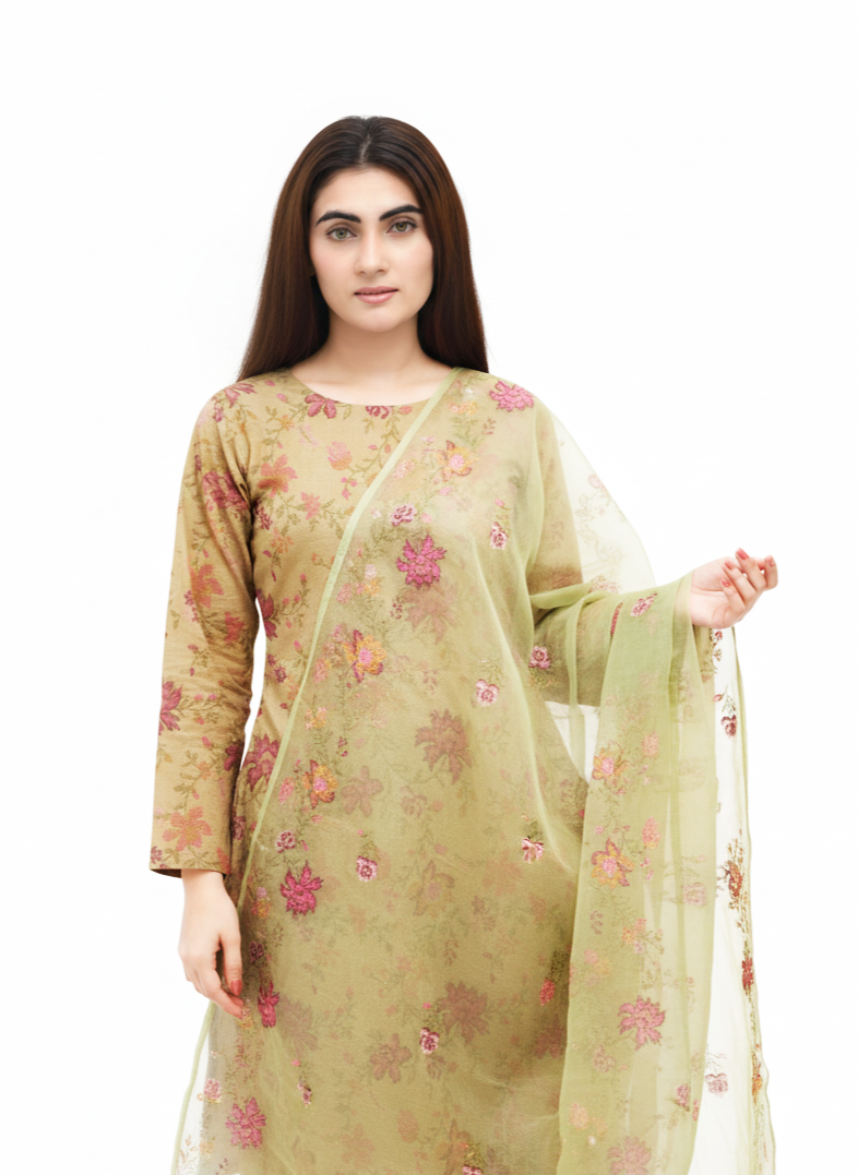 Royal Roses – Unstitched Karandi Embroidered 3 Piece with Chiffon Dupatta