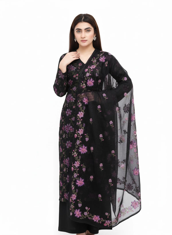 Royal Roses – Unstitched Karandi Embroidered 3 Piece with Chiffon Dupatta