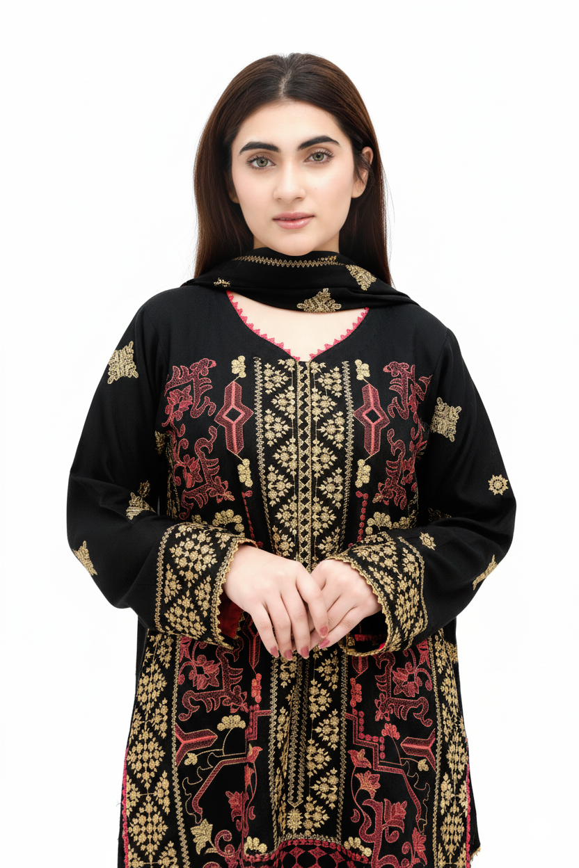 Calligraphy Vibes – 3 Piece Embroidered Karandi  with Chiffon Dupatta