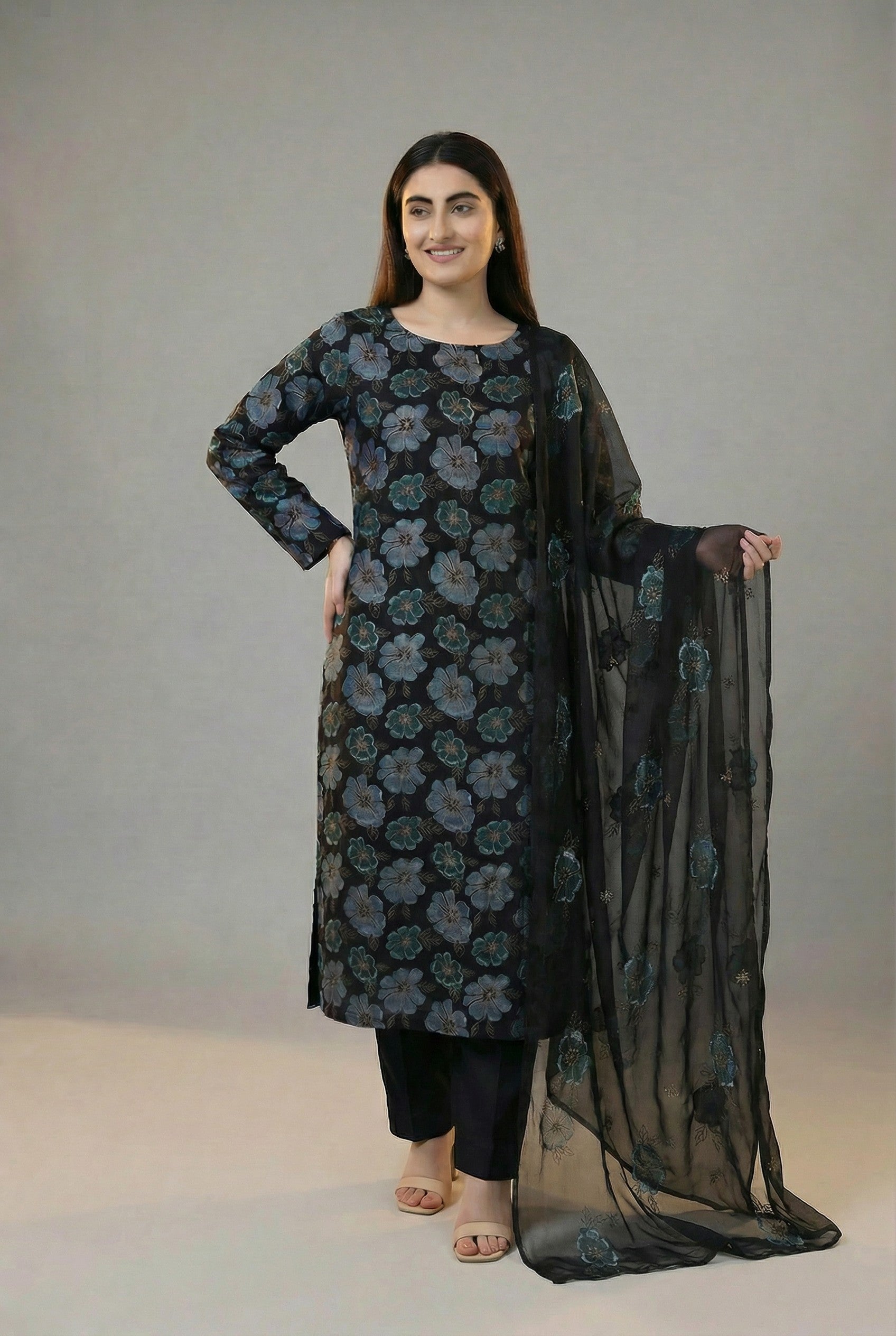 Turkish Roses Black – Premium Unstitched 3-Piece Karandi Suit