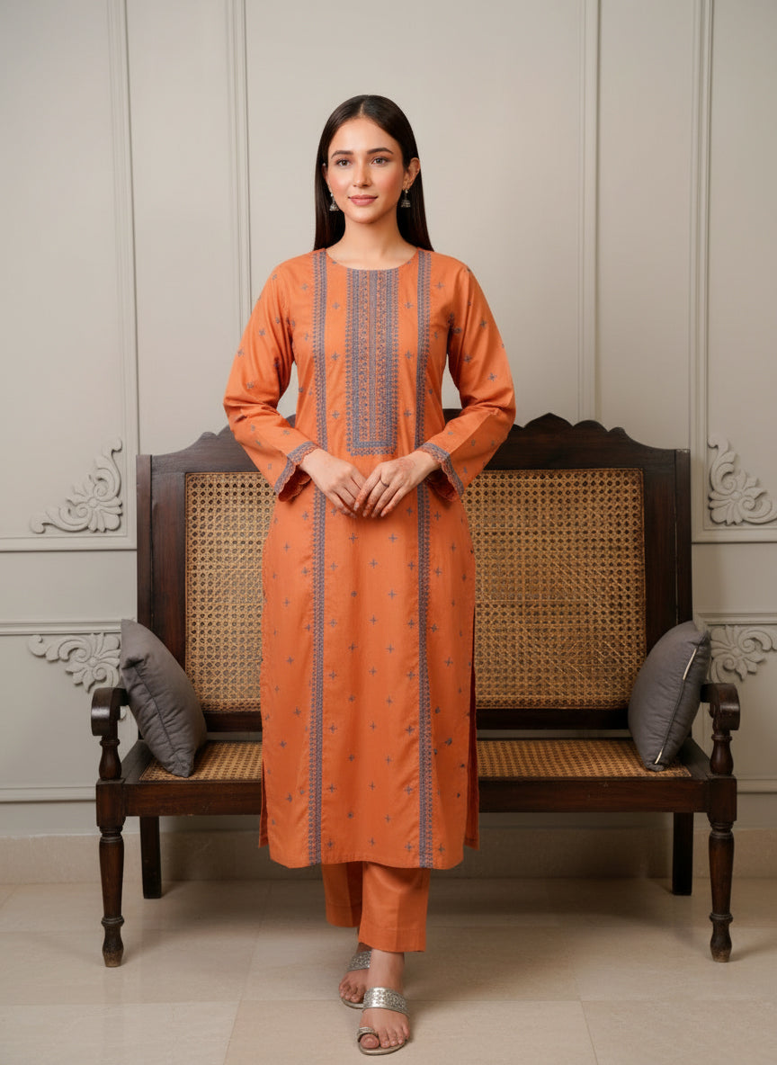 Burnt Orange Grace – Embroidered 2-Piece Soft Khaddar (Unstitched)