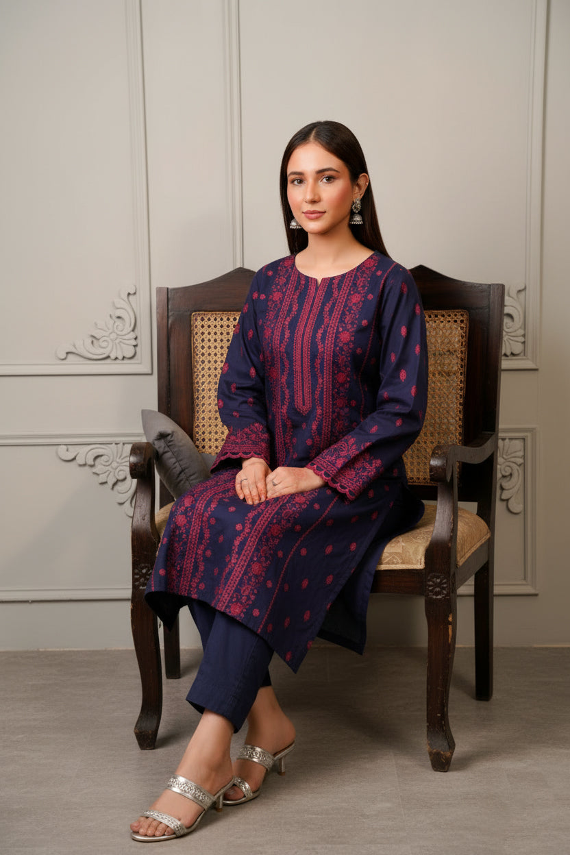 Indigo Wine Ensemble – Embroidered 2-Piece Soft Khaddar (Unstitched)
