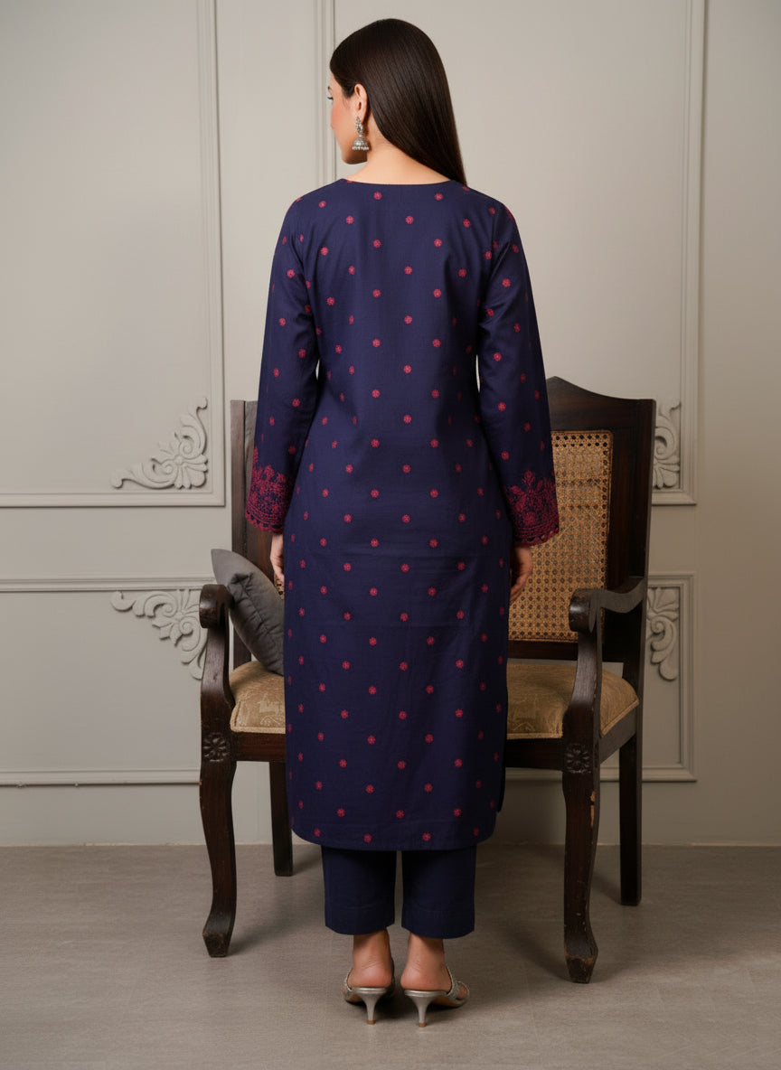 Indigo Wine Ensemble – Embroidered 2-Piece Soft Khaddar (Unstitched)
