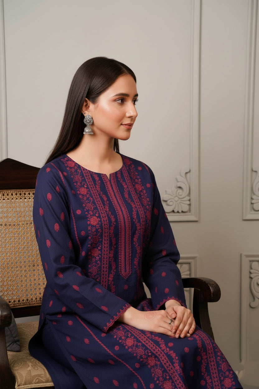 Indigo Wine Ensemble – Embroidered 2-Piece Soft Khaddar (Unstitched)