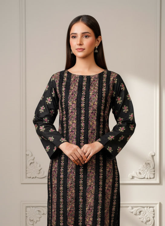 Black Floral Stripe – Elegant Khaddar 2-Piece Winter Suit (Unstitched)