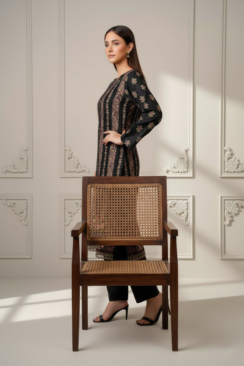 Black Floral Stripe – Elegant Khaddar 2-Piece Winter Suit (Unstitched)
