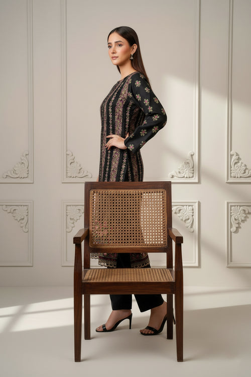 Black Floral Stripe – Elegant Khaddar 2-Piece Winter Suit (Unstitched)