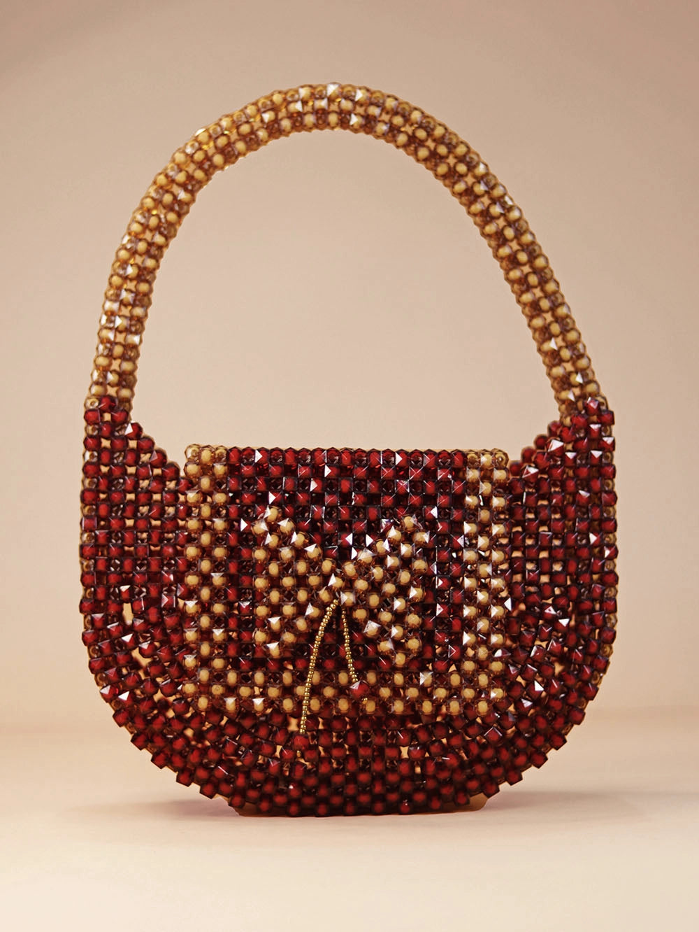 Golden Bow Beaded Handbag – Red & Brown