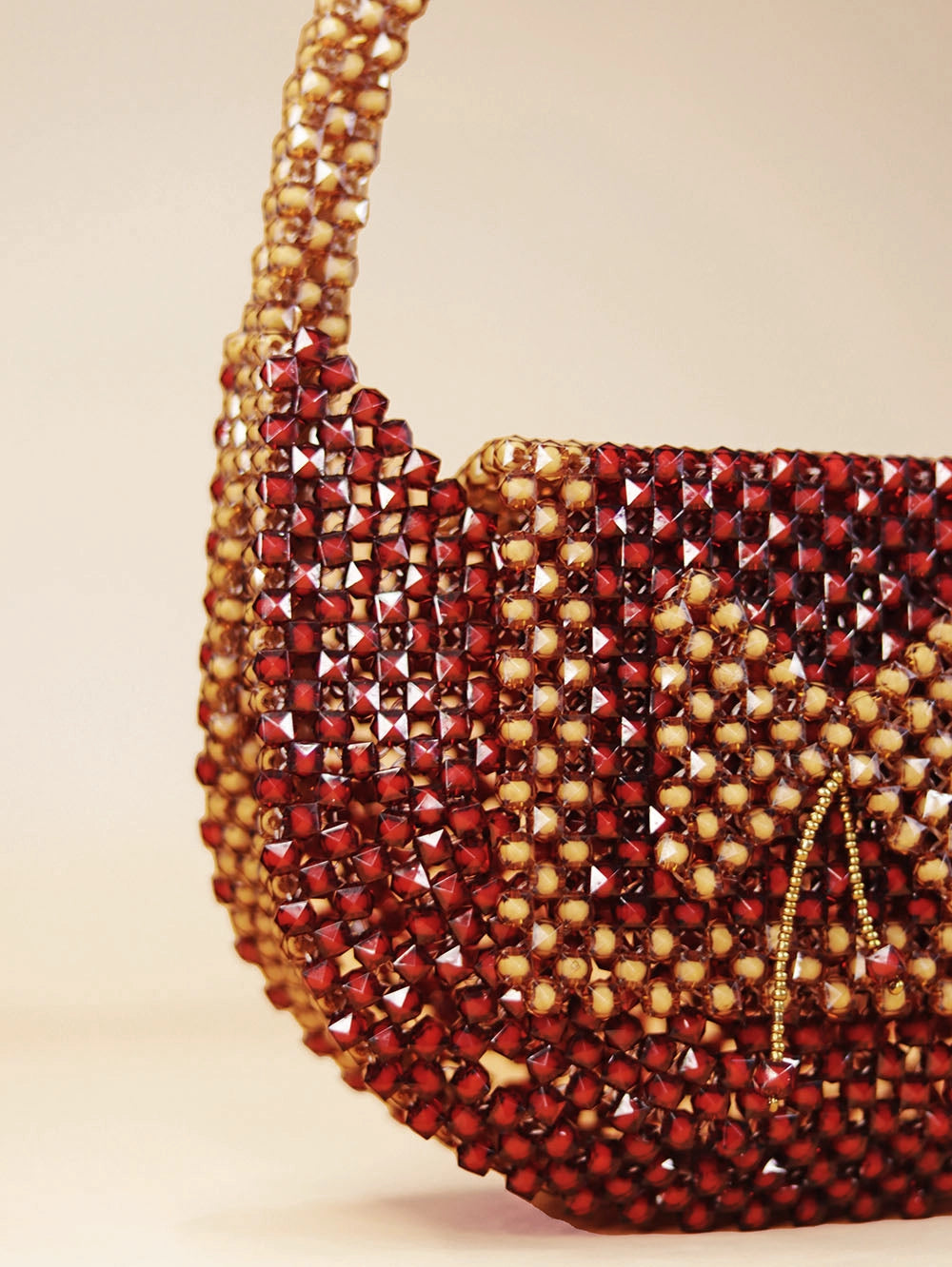 Golden Bow Beaded Handbag – Red & Brown