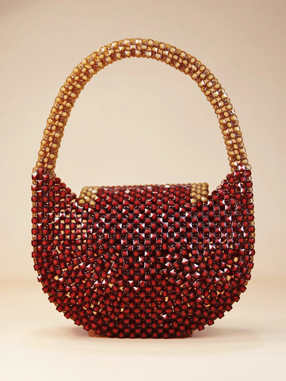 Golden Bow Beaded Handbag – Red & Brown