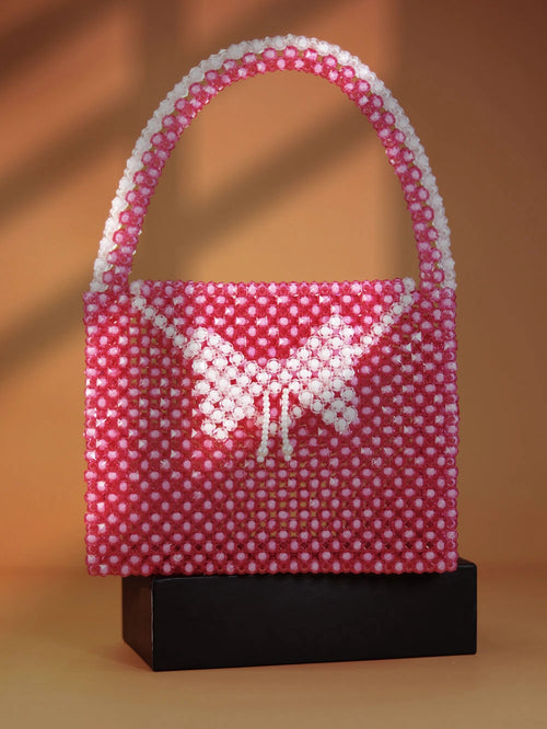 Butterfly Charm Beaded Handbag – Pink & White
