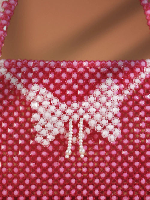 Butterfly Charm Beaded Handbag – Pink & White
