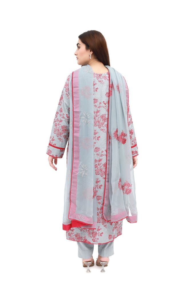 Royal Roses – Unstitched Karandi Embroidered 3 Piece with Chiffon Dupatta