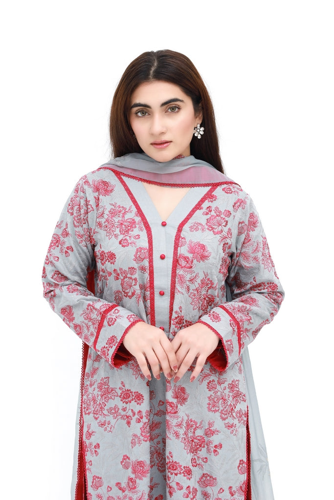 Royal Roses – Unstitched Karandi Embroidered 3 Piece with Chiffon Dupatta
