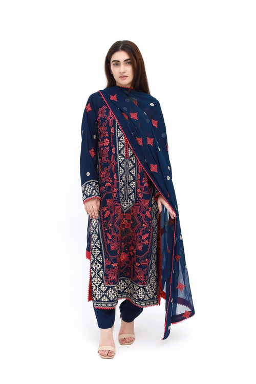 Calligraphy Vibes – 3 Piece Embroidered Karandi  with Chiffon Dupatta