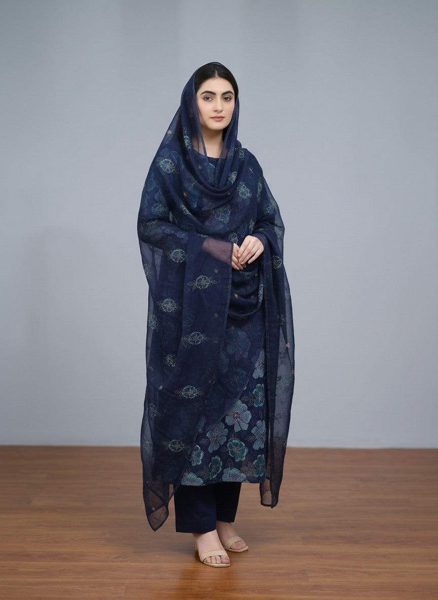 Turkish Roses Blue | Premium Unstitched 3-Piece Karandi Suit