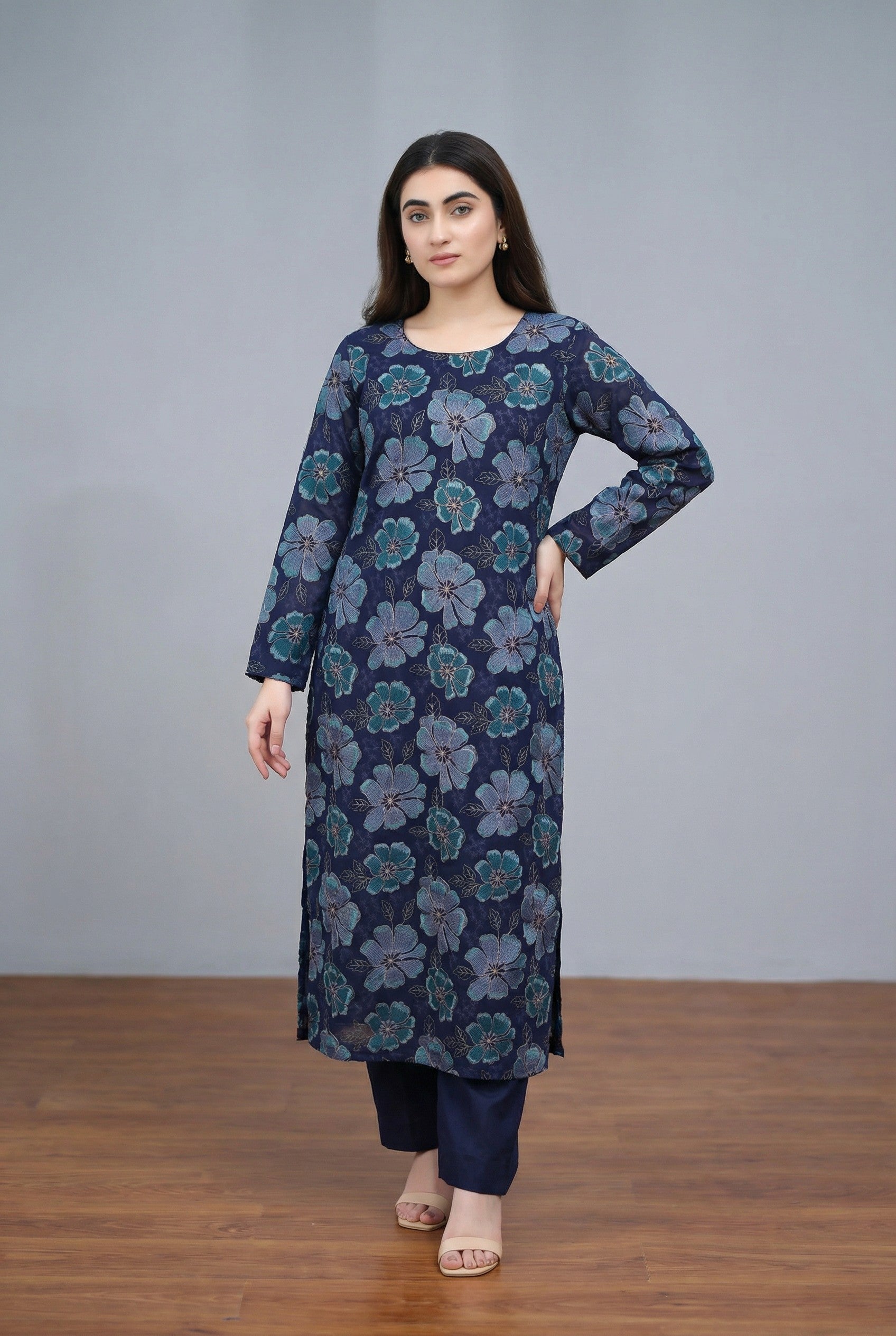 Turkish Roses Blue | Premium Unstitched 3-Piece Karandi Suit