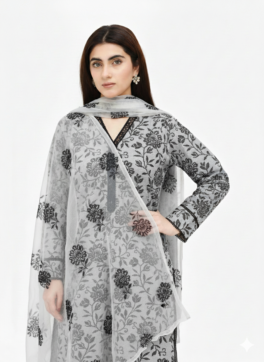 Royal Roses – Unstitched Karandi Embroidered 3 Piece with Chiffon Dupatta