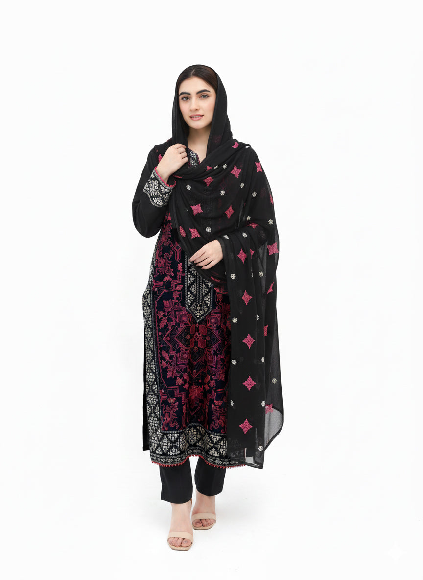 Calligraphy Vibes – 3 Piece Embroidered Karandi  with Chiffon Dupatta