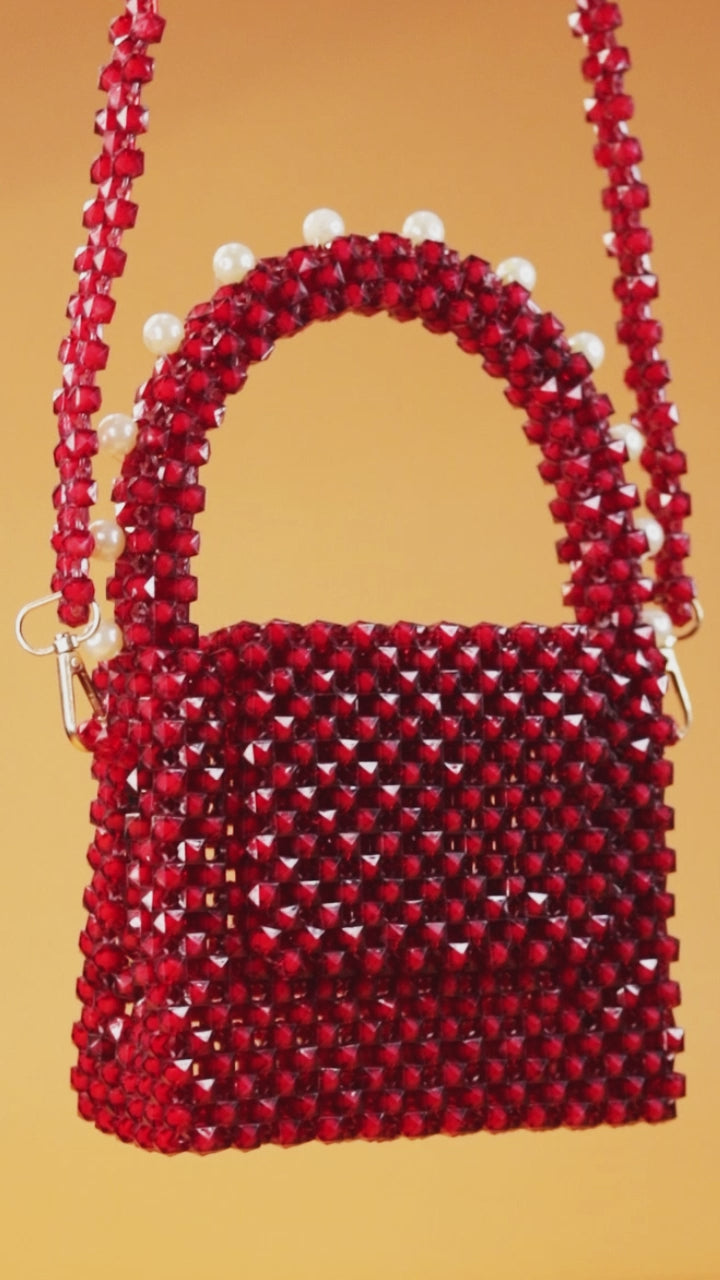 Cherry Red Beaded Crossbody Bag