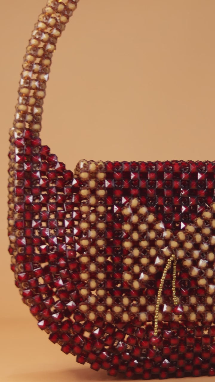 Golden Bow Beaded Handbag – Red & Brown