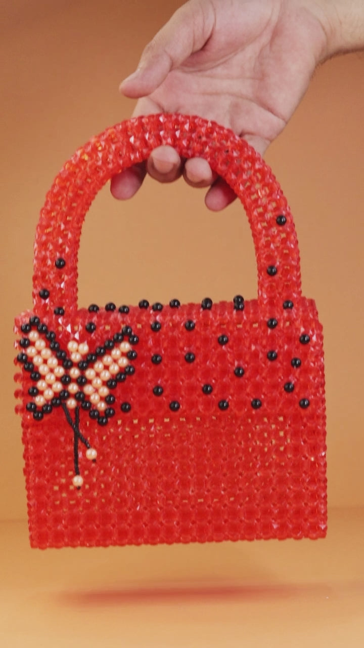 Black Butterfly Beaded Handbag – Red & Black