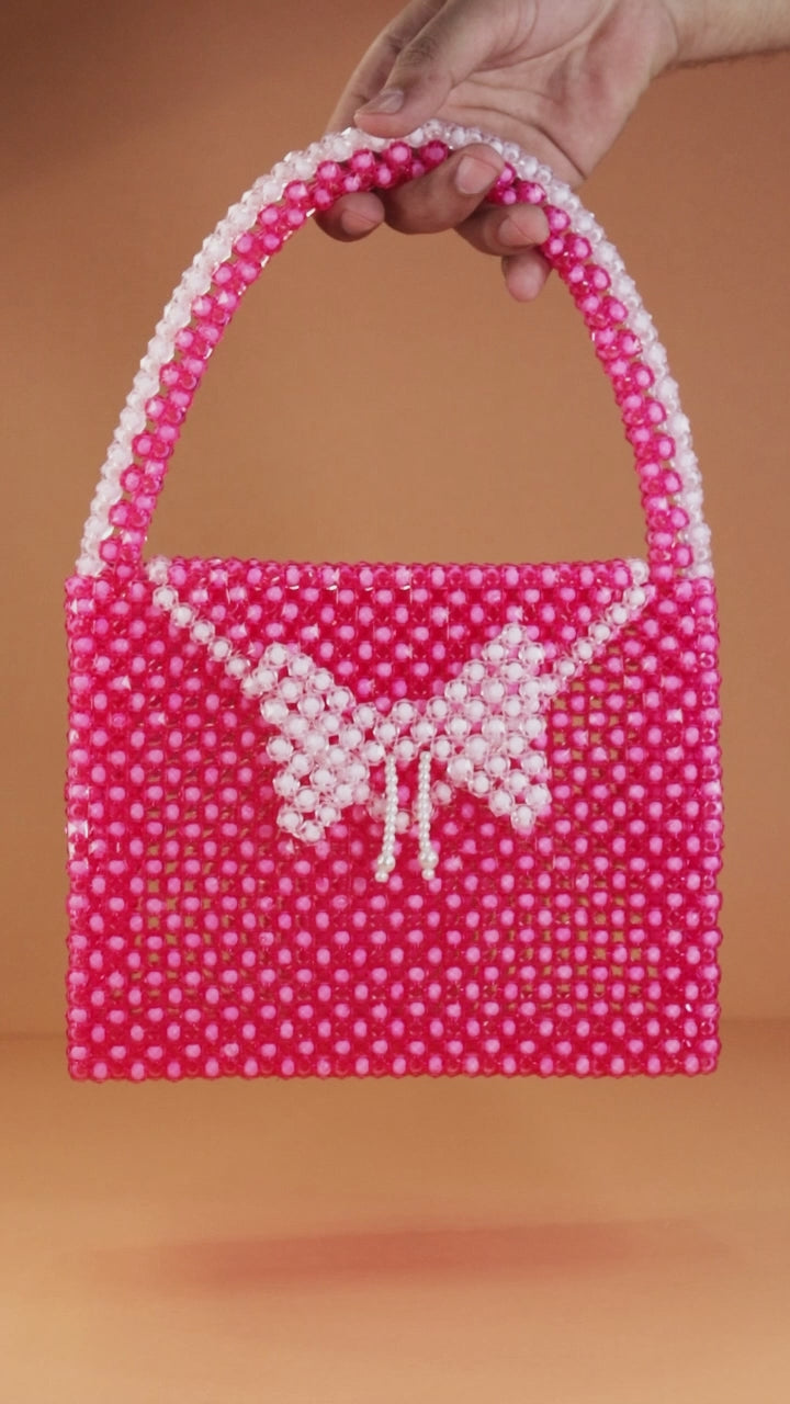 Butterfly Charm Beaded Handbag – Pink & White